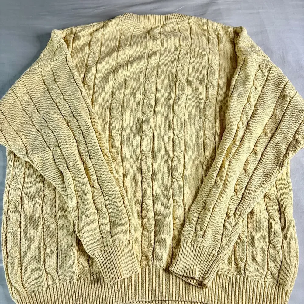 Vintage IZOD Cable Knit Sweater Butter Yellow 100% Cotton XL